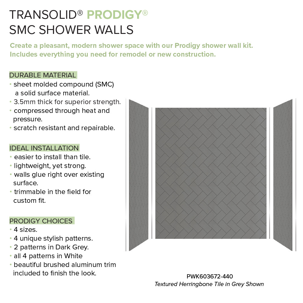 Prodigy PWK603672-440 60" x 36" x 72" Glue to Wall 3-Piece Shower Wall Trimmable Kit Herringbone Tile, in Dark Grey