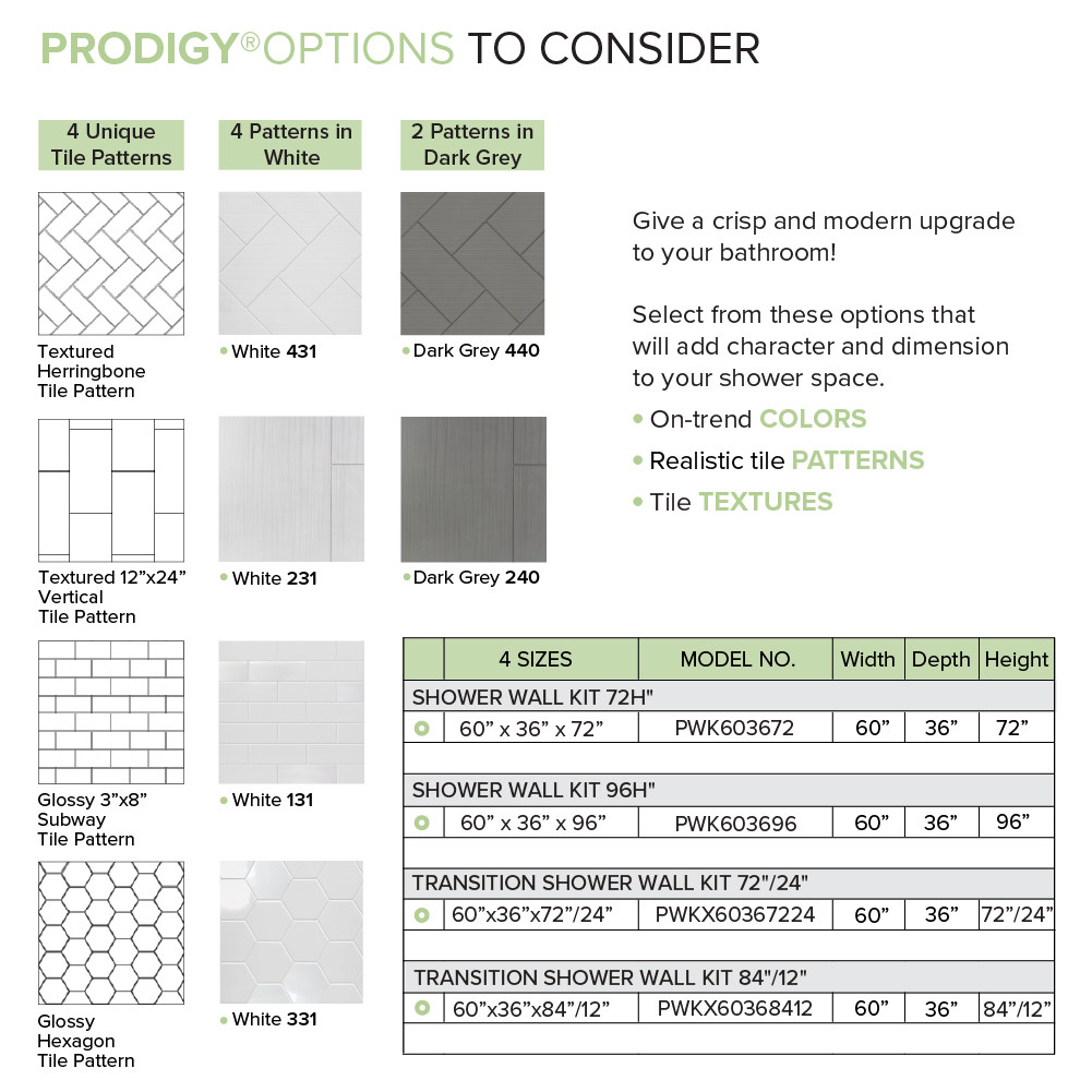 Prodigy PWK603672-440 60" x 36" x 72" Glue to Wall 3-Piece Shower Wall Trimmable Kit Herringbone Tile, in Dark Grey