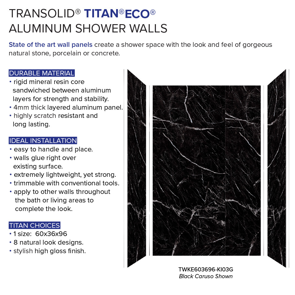 TWKE603696-KI03G Titan 60-in x 36-in x 96-in Eco Shower Wall Trimmable Kit, Black Caruso (Glossy)