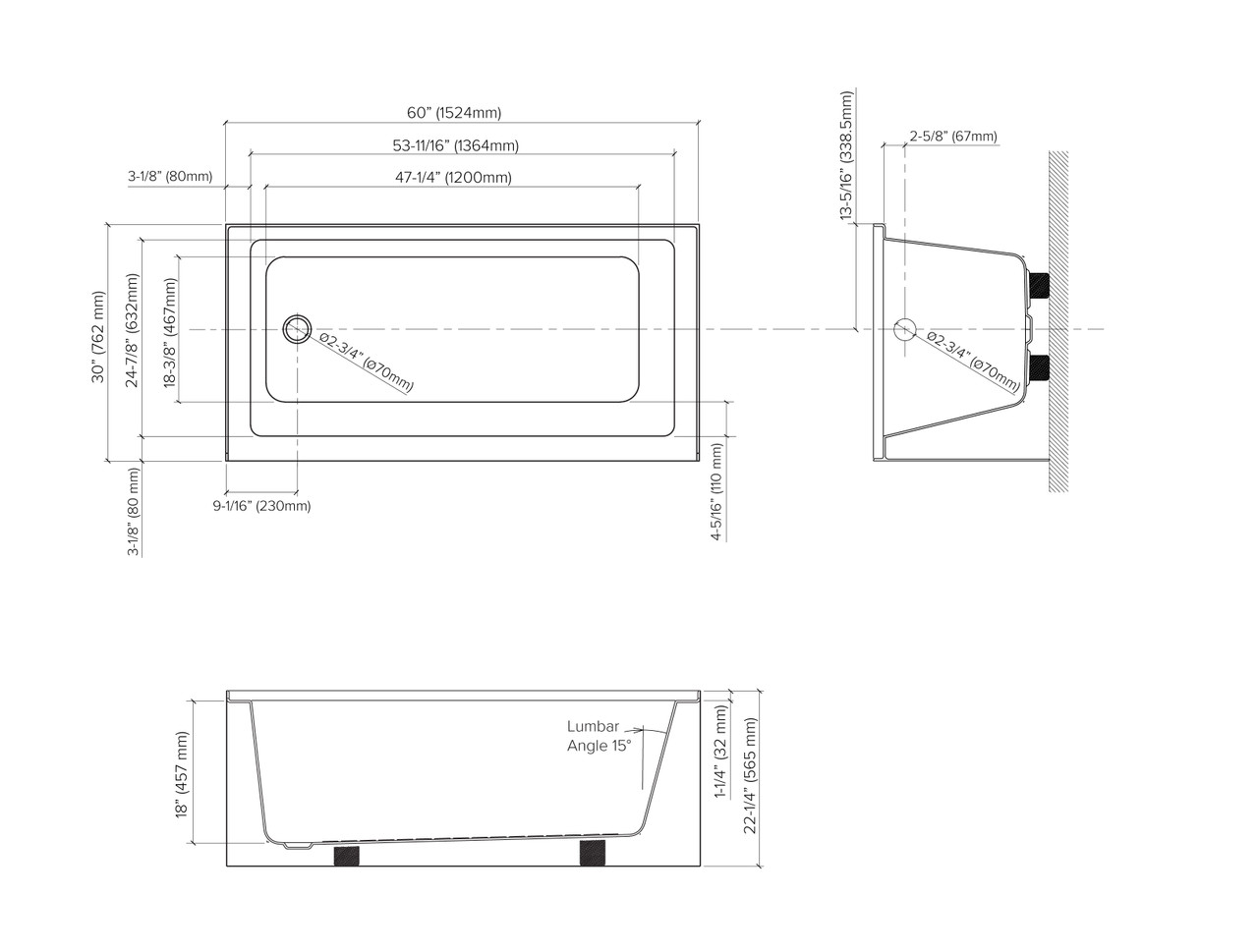 Transolid UATTR603022-R Ursula AFR 60-in x 30-in x 22-in Alcove Acrylic Bathtub With Right Hand Drain, White (Glossy) 