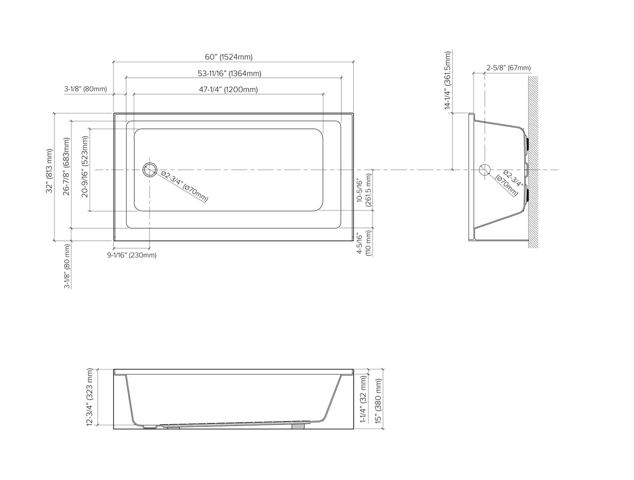 UATTR603215-R Ursula 60-in x 32-in x 15-in Alcove Acrylic Bathtub With Right Hand Drain, White (Glossy) 
