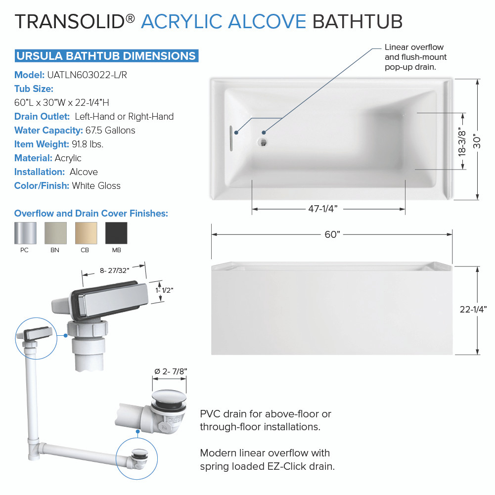Transolid UATLN603022-R-PC Unity AFR 60-in x 30-in x 22-in Alcove Acrylic Bathtub Kit With Right Hand Drain, White/Polished Chrome