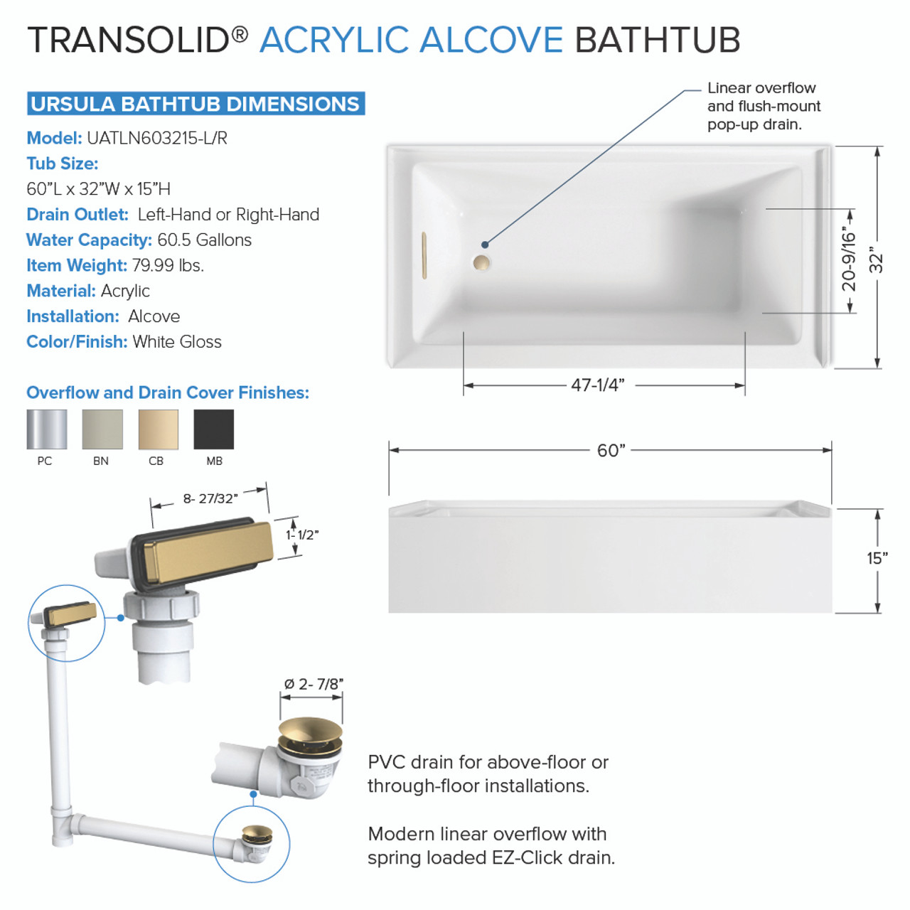 Transolid UATLN603215-L-CB Unity 60-in x 32-in x 15-in Alcove Acrylic Bathtub Kit With Left Hand Drain, White/Champagne Bronze