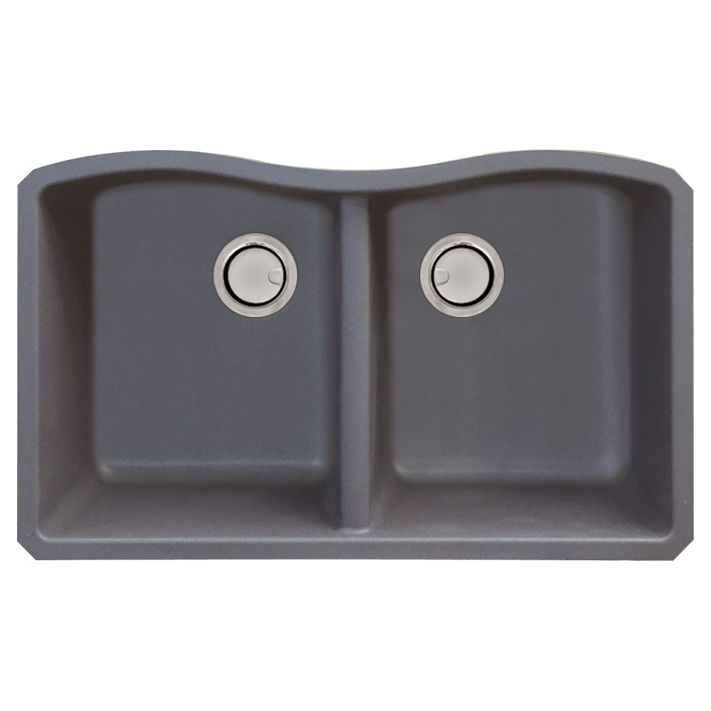 31.9375-in x 19.125-in x 9.5 Granite Double Equal Undermount Kitchen Sink in Grey with Faucet, Grids, Strainer, Disposer Strainer, Installation Kit
