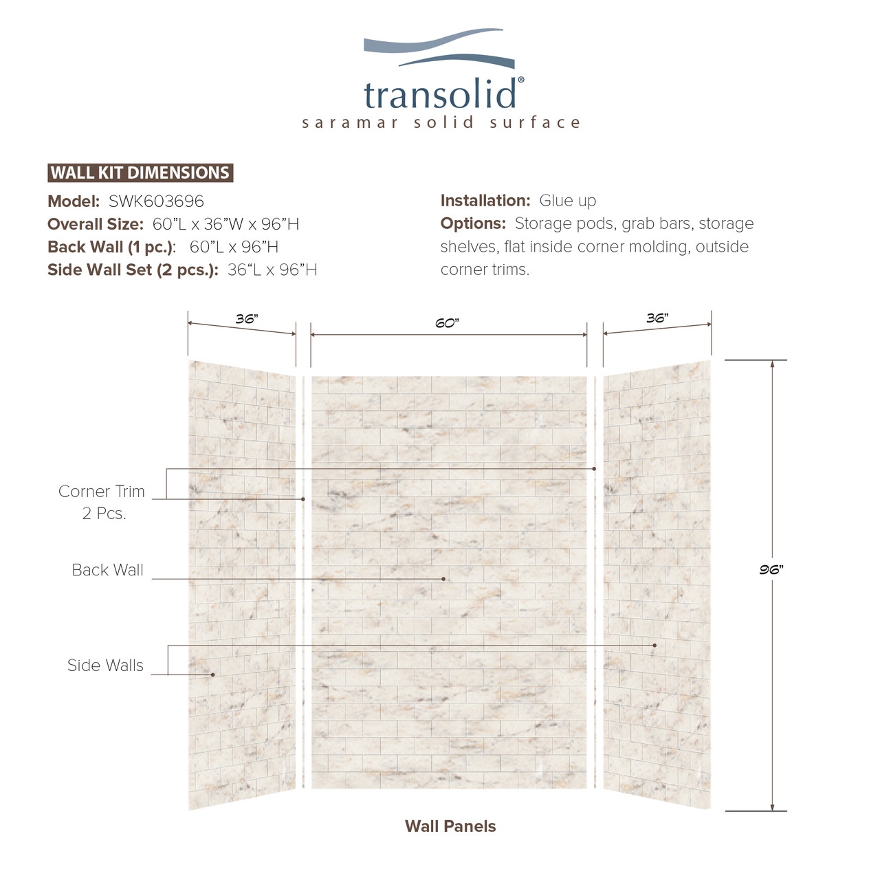 Transolid SWK603696-48 SaraMar 36-In X 60-In X 96-In 3-Piece Shower Wall Trimmable Kit, In Biscotti Marble