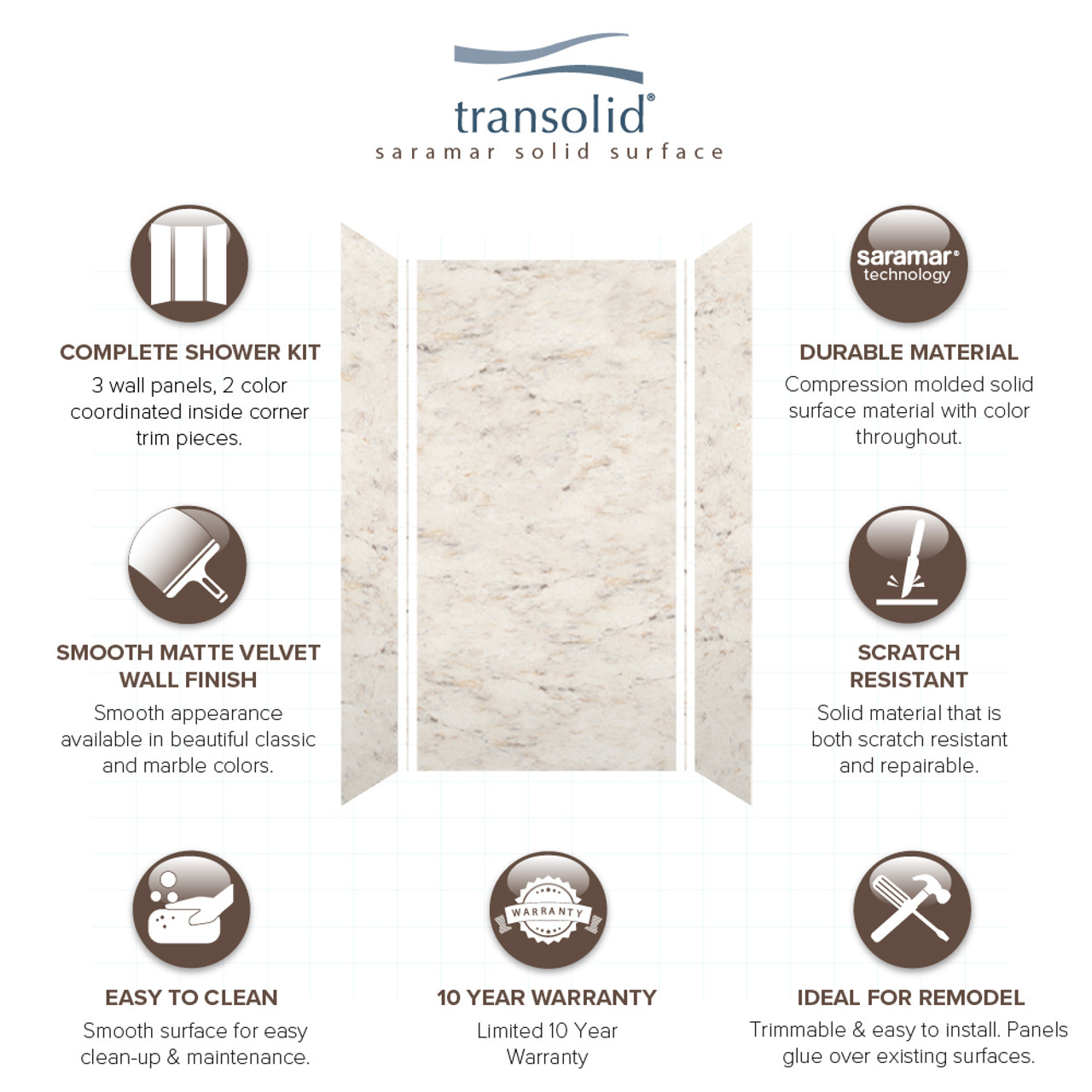 Transolid SWK483696-48V SaraMar 48-in x 36-in x 96-in Glue to Wall 3-Piece Shower Wall Trimmable Kit, Biscotti Marble Velvet