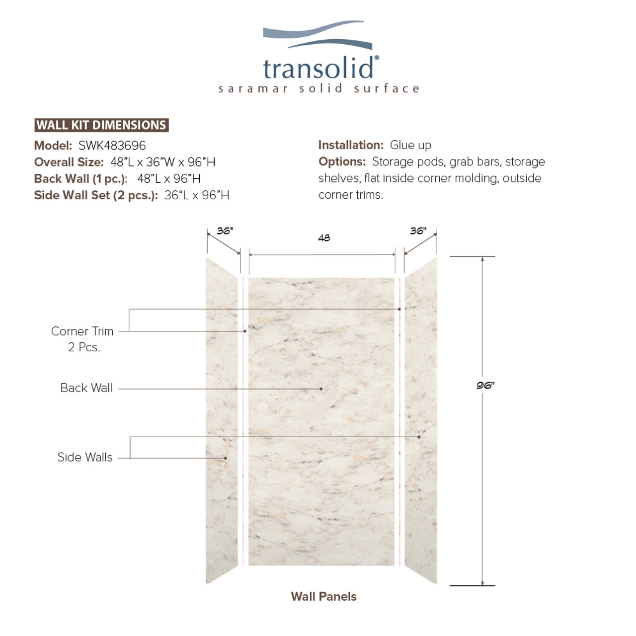 Transolid SWK483696-48V SaraMar 48-in x 36-in x 96-in Glue to Wall 3-Piece Shower Wall Trimmable Kit, Biscotti Marble Velvet
