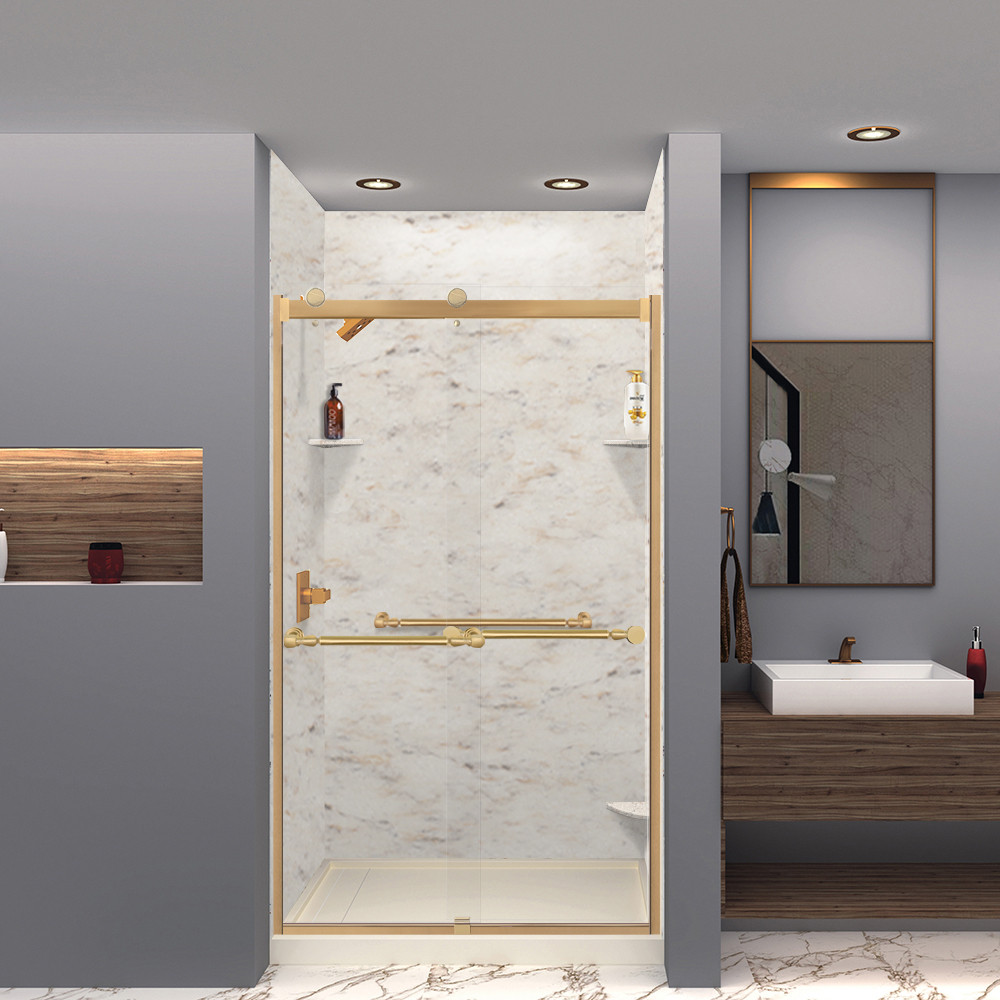 SWK483696-48V SaraMar 48-in x 36-in x 96-in Glue to Wall 3-Piece Shower Wall Trimmable Kit, Biscotti Marble Velvet