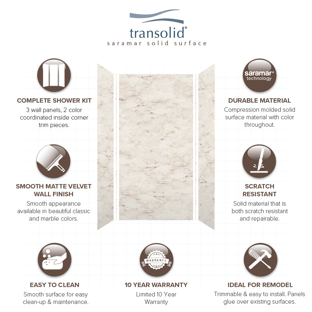 SWK483696-48V SaraMar 48-in x 36-in x 96-in Glue to Wall 3-Piece Shower Wall Trimmable Kit, Biscotti Marble Velvet