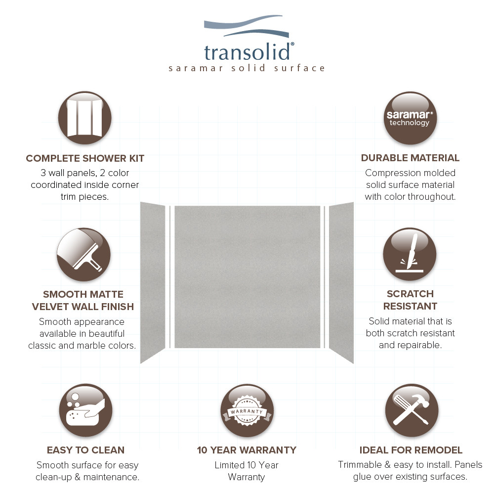 Transolid SWK603660-27V SaraMar 60-in x 36-in x 60-in Glue to Wall 3-Piece Shower Wall Trimmable Kit, Grey Beach Velvet