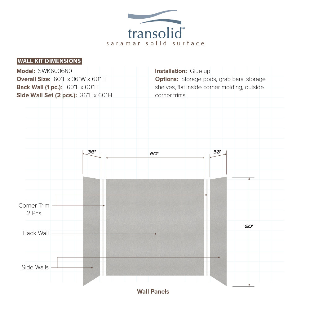 Transolid SWK603660-27V SaraMar 60-in x 36-in x 60-in Glue to Wall 3-Piece Shower Wall Trimmable Kit, Grey Beach Velvet