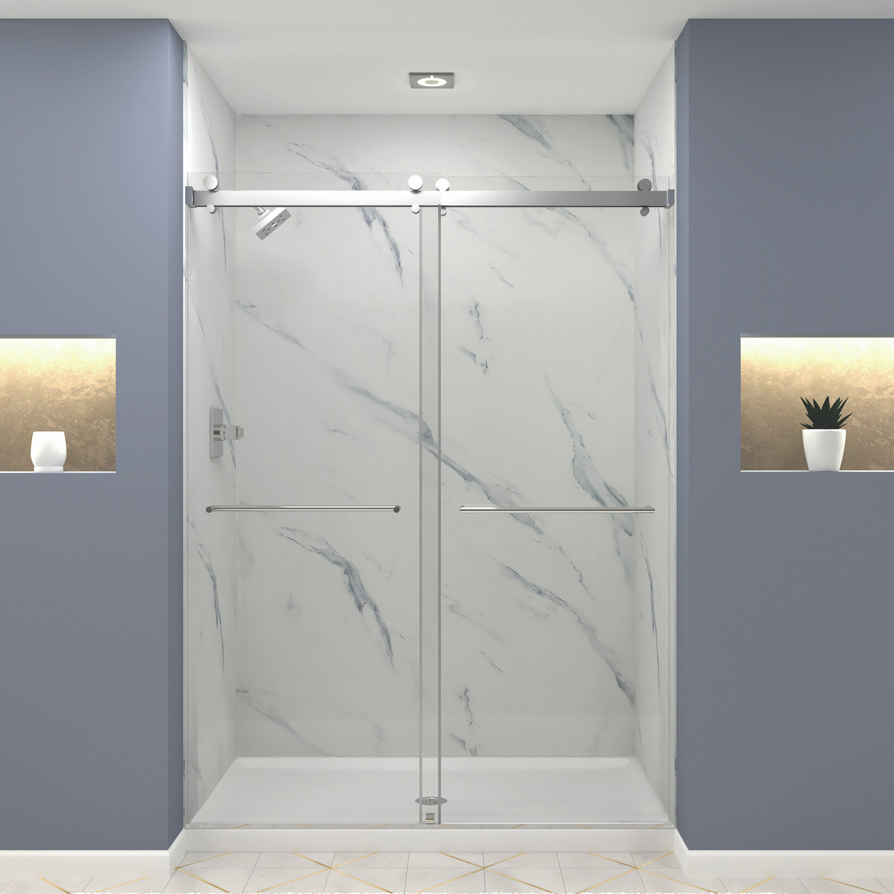 Frameless Bypass Shower Door Featuring EXCLUSIVE TruMotion Technology in a Polished Chrome Finish with a Smooth Low Iron Ultra Clear Glass Texture and Turin Handles 60-in W x 80-in H