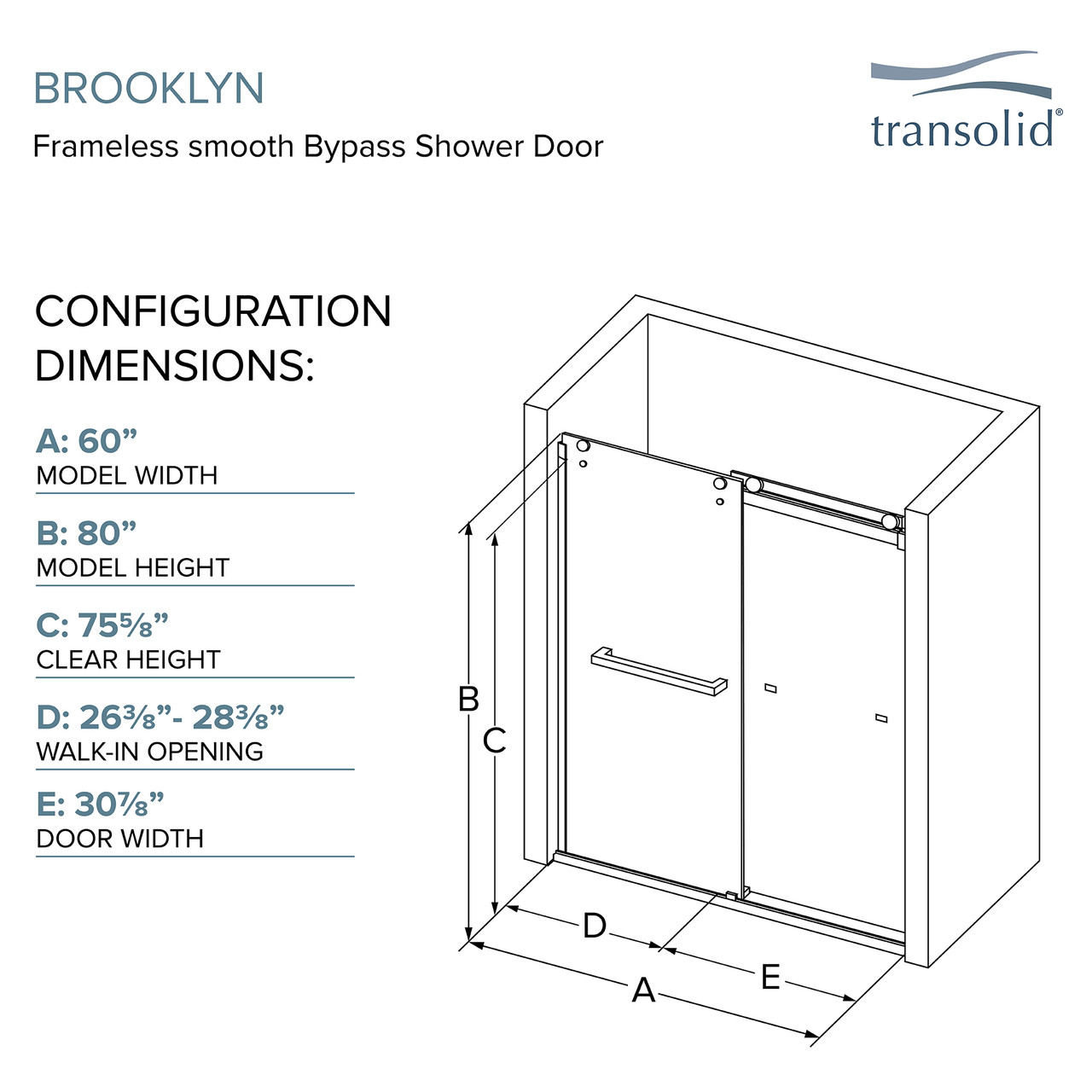 Transolid BYPT608010L-J-BS Frameless Bypass Shower Door Featuring EXCLUSIVE TruMotion Technology in a Brushed Stainless Finish with a Smooth Low Iron Ultra Clear Glass Texture and Barrington Knurled Handles 60-in W x 80-in H