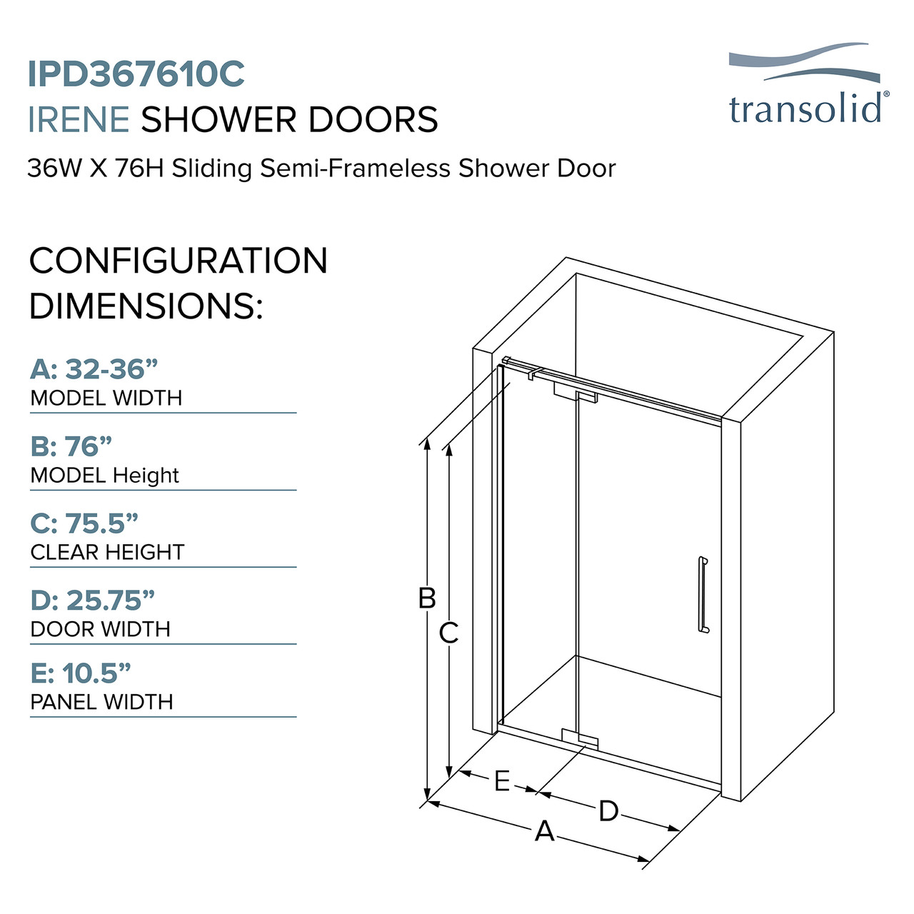 Transolid IPD367610C-S-PC Semi-frameless pivot shower door in polished chrome frame finish with smooth glass texture 32-in to 36-in W x 76-in H