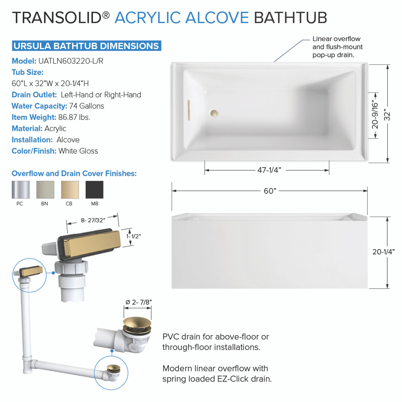 Transolid UATLN603220-R-CB Unity 60-in x 32-in x 20-in Alcove Acrylic Bathtub Kit With Right Hand Drain, White/Champagne Bronze