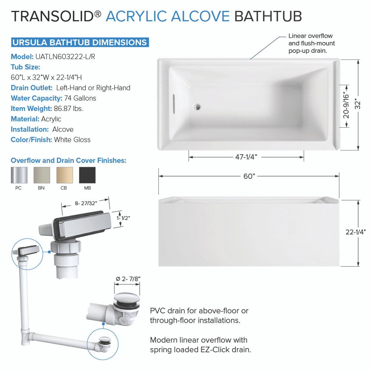 Transolid UATLN603222-L-PC Unity AFR 60-in x 32-in x 22-in Alcove Acrylic Bathtub Kit With Left Hand Drain, White/Polished Chrome