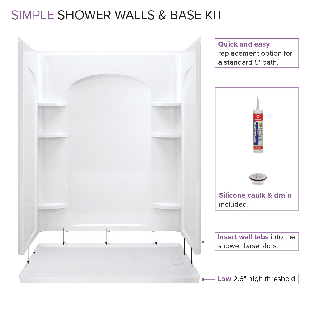 Shower kit with back wall, two end walls, and a shower base with a right-hand drain