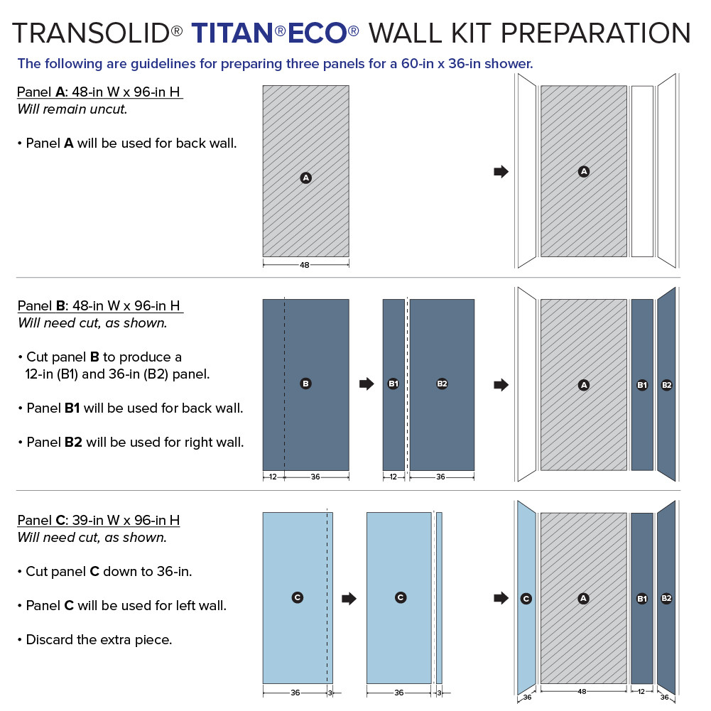 TWKE603696-KI31G Titan 60-in x 36-in x 96-in Eco Shower Wall Trimmable Kit, Savanna Grey (Glossy)