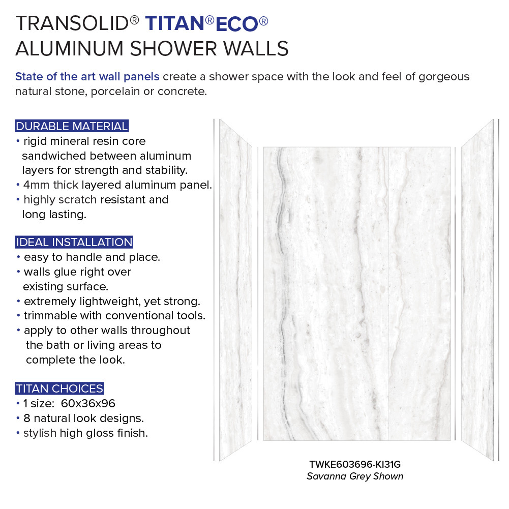 TWKE603696-KI31G Titan 60-in x 36-in x 96-in Eco Shower Wall Trimmable Kit, Savanna Grey (Glossy)