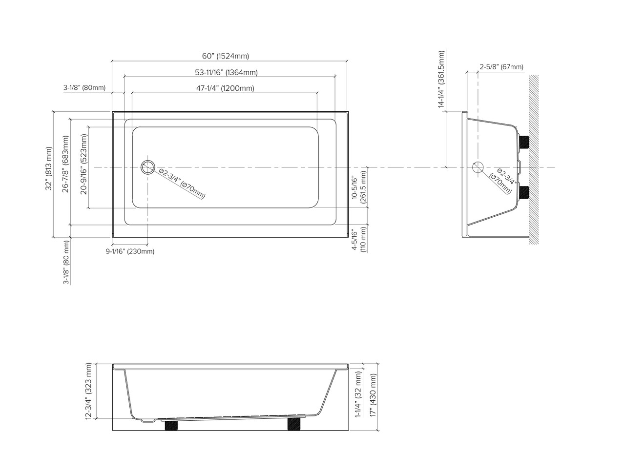 Transolid UATTR603217-L Ursula AFR 60-in x 32-in x 17-in Alcove Acrylic Bathtub With Left Hand Drain, White (Glossy) 