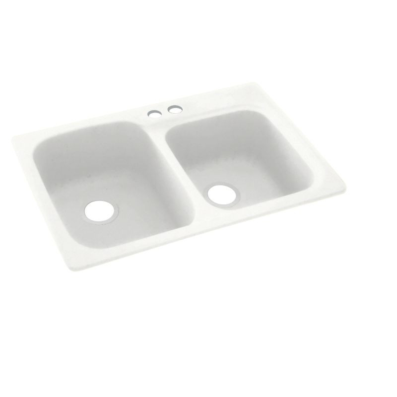 KS03322DB.011-2B 33-in D x 22-in W x 9-in H Solid Surface Dual Mount Double Bowl Kitchen Sink with 2-Hole in Tahiti White