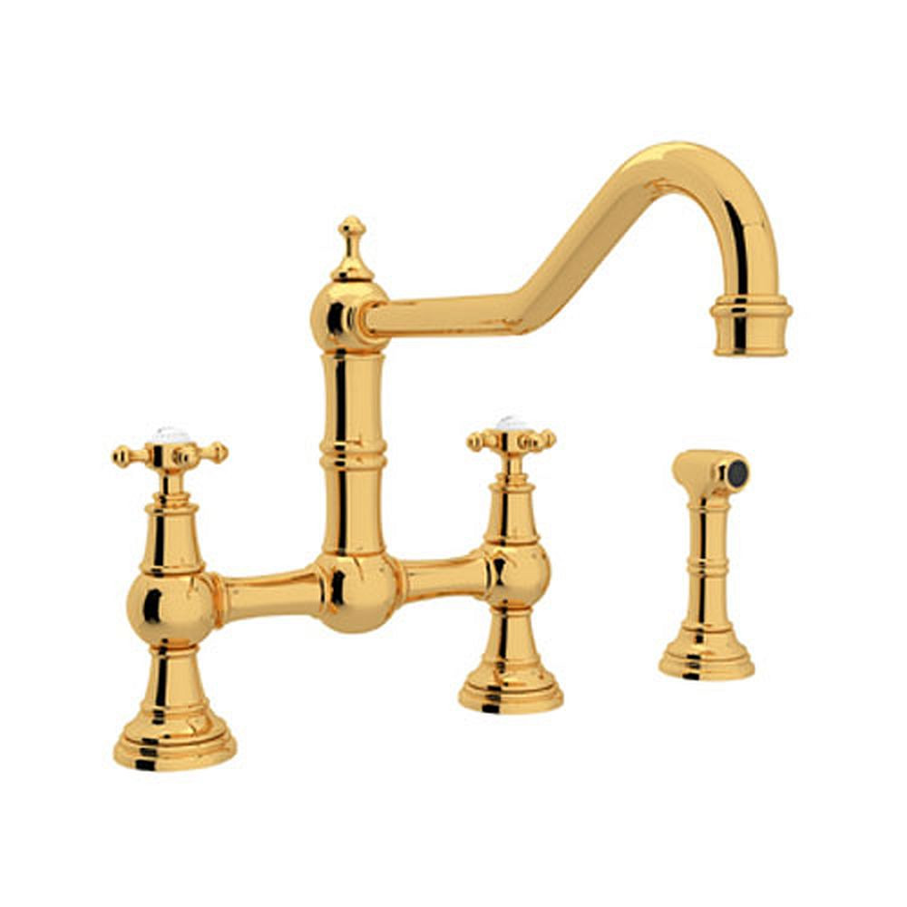 Rohl U.4763X-IB-2 Bridge Kitchen Faucet and Metal Cross Handles in English Gold