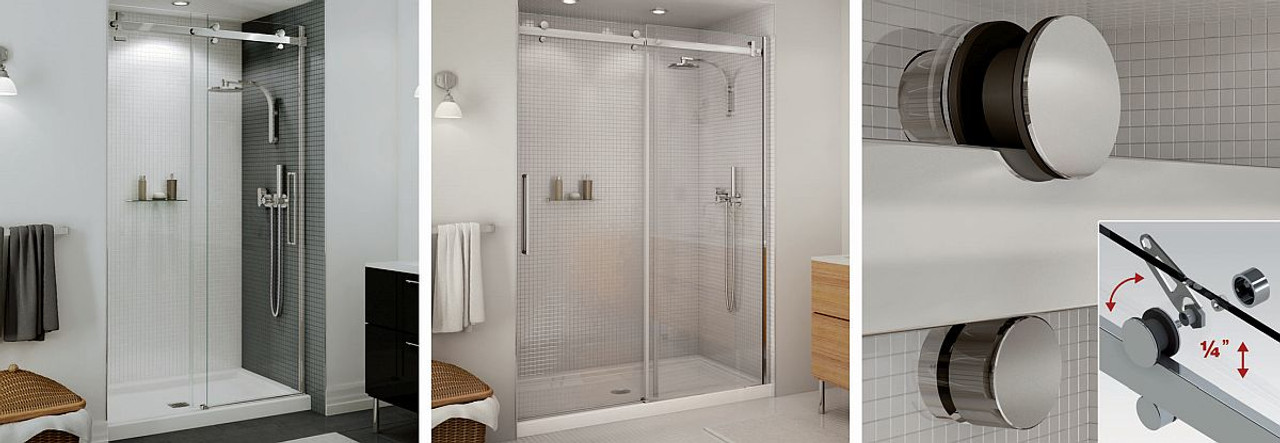 44.5 to 47in x 78.75in Frameless Slider Alcove Shower Door with Clear Glass, in Brushed Nickel 44.5 to 47in x 78.75in Frameless Slider Alcove Shower Door with Clear Glass, in Brushed Nickel