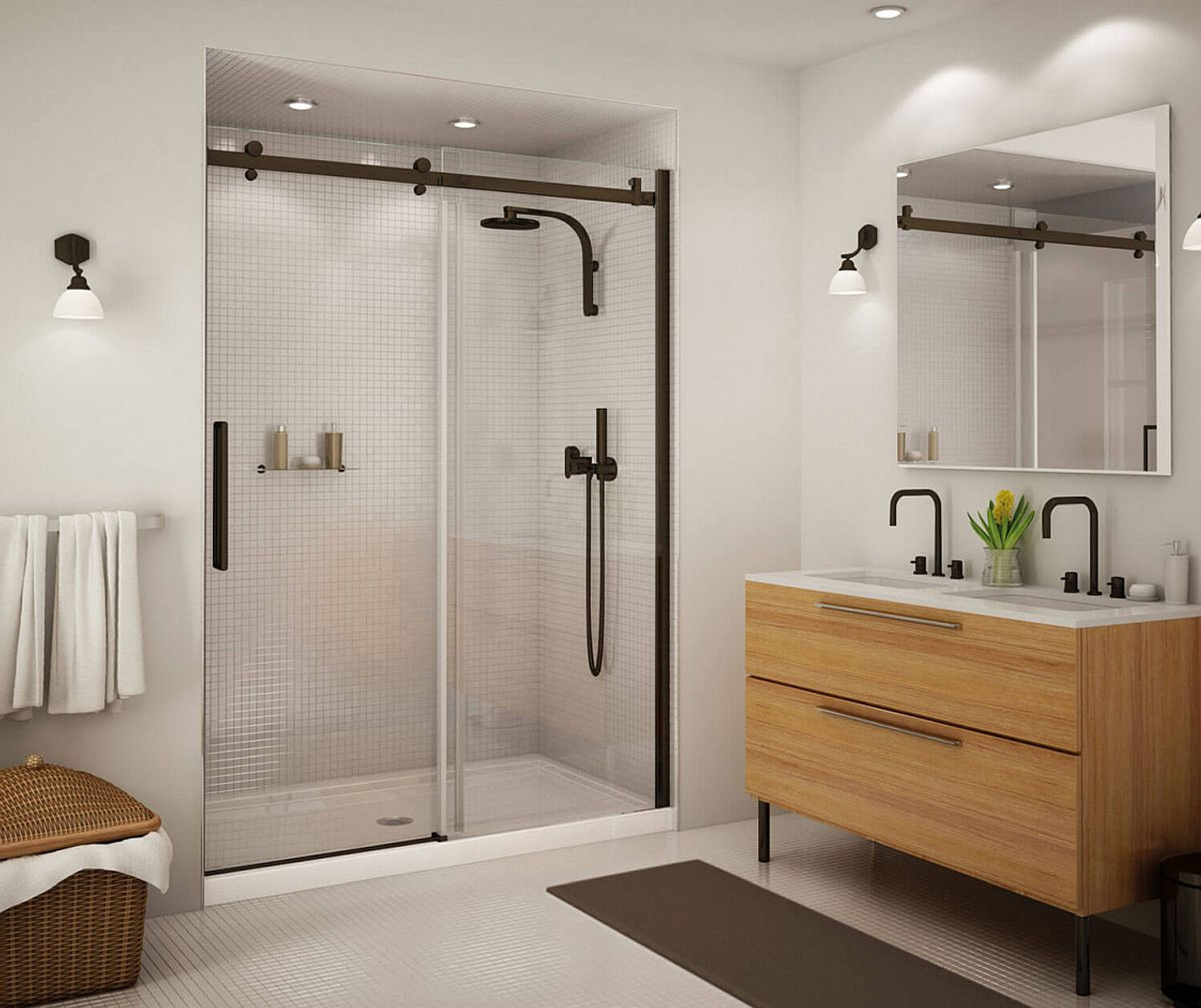 56.5 to 59in x 78.75in Frameless Slider Alcove Shower Door with Clear Glass, in Dark Bronze 56.5 to 59in x 78.75in Frameless Slider Alcove Shower Door with Clear Glass, in Dark Bronze