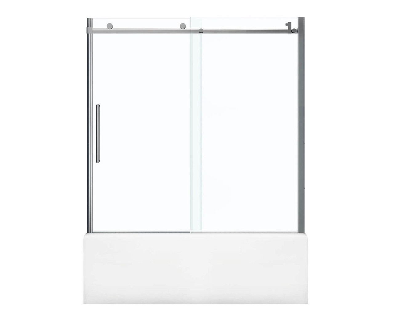 56.5 to 59in x 59in Frameless Slider Tub Door with Clear Glass, in Chrome 56.5 to 59in x 59in Frameless Slider Tub Door with Clear Glass, in Chrome