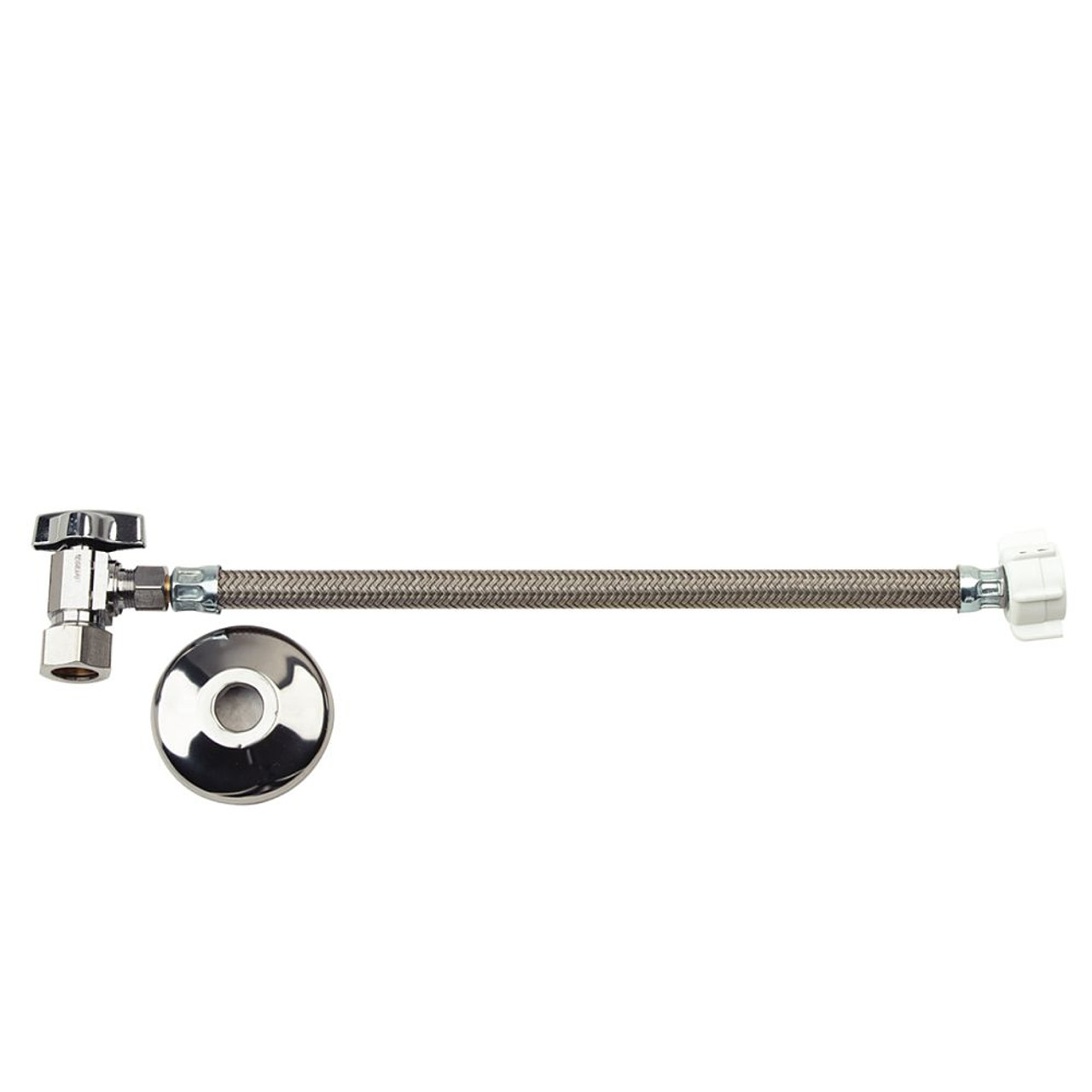 1/2 in. Nom Comp x 3/8 in. O.D. Comp 3/8 in. Comp x 7/8 in. Ballcock Toilet 1/4 Turn Ball Angle Stop, Braided Polymer Connector 1/2 in. Nom Comp x 3/8 in. O.D. Comp 3/8 in. Comp x 7/8 in. Ballcock Toilet 1/4 Turn Ball Angle Stop, Braided Polymer Connector