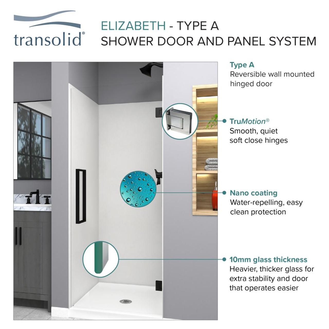 Transolid EHTA287610C-BK-CB Elizabeth 28-in W x 76-in H Hinged Shower Door in Champagne Bronze with Clear Glass