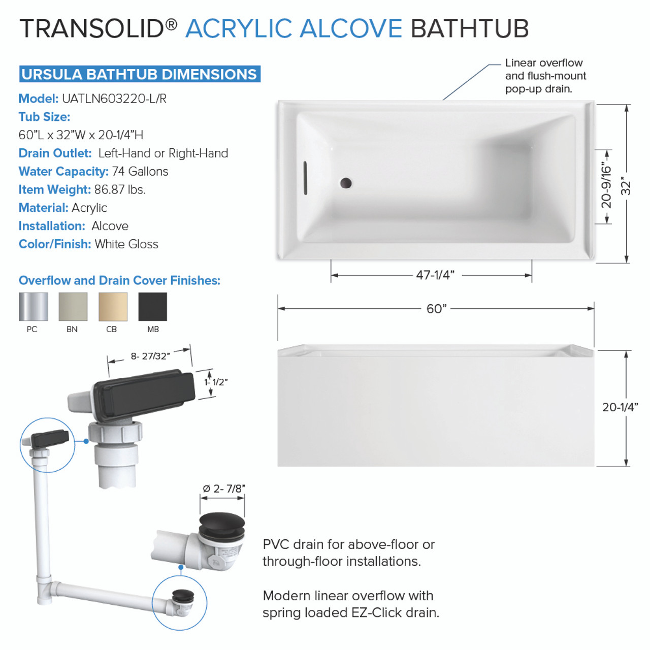 Transolid UATLN603220-L-MB Unity 60-in x 32-in x 20-in Alcove Acrylic Bathtub Kit With Left Hand Drain, White/Matte Black