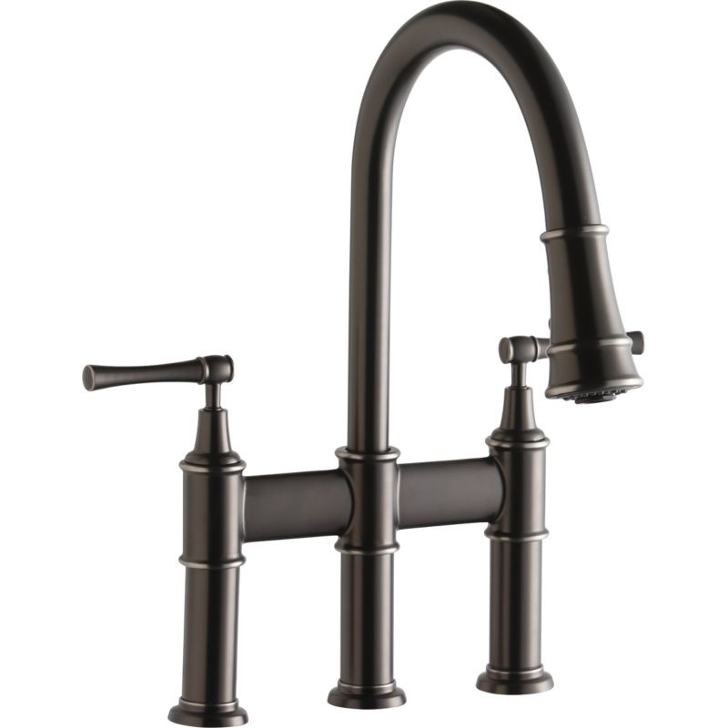Pull-Down Bridge Kitchen 3-Hole Faucet in Antique Steel