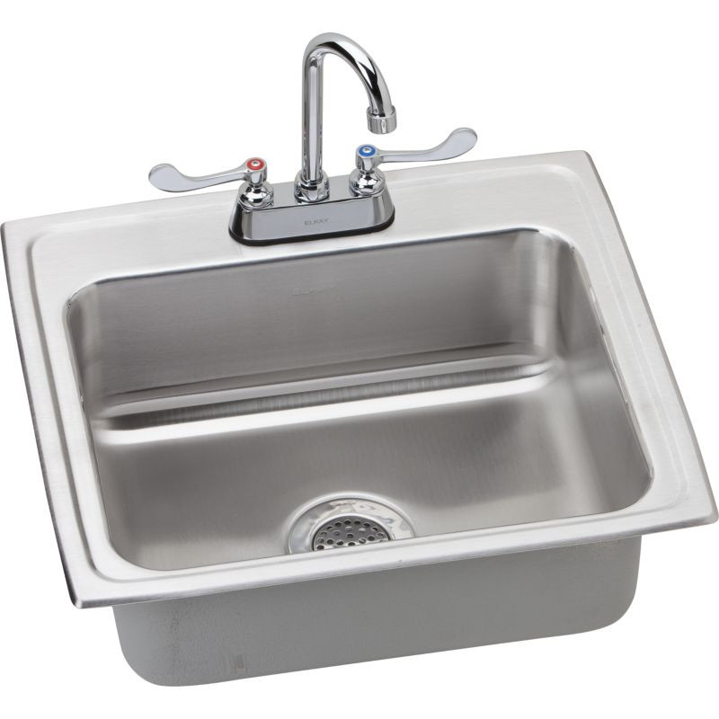 Stainless Steel Single Bowl Top Mount Sink and Faucet Kit with 2 Faucet Holes in Lustrous Highlighted Satin