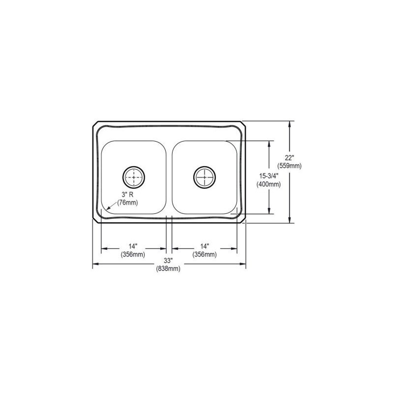 33" x 22" x 7" 20 Gauge Stainless Steel Equal Double Bowl Drop-in Kitchen Sink with 4 Faucet Holes in Brushed Satin