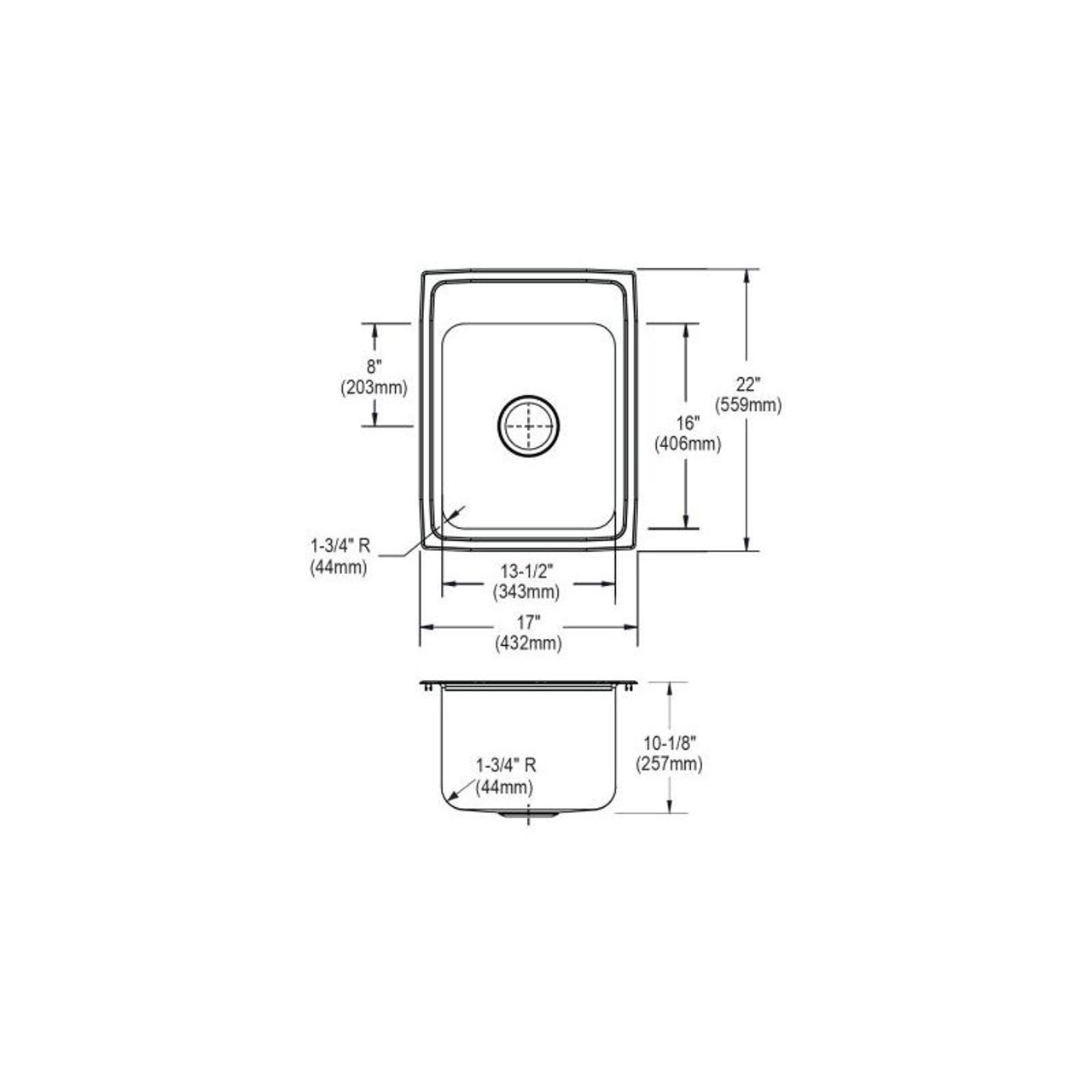 17" x 22" x 10-1/8" 18 Gauge Stainless Steel Single Bowl Drop-in Kitchen Sink with 2 Faucet Holes in Lustrous Satin 17" x 22" x 10-1/8" 18 Gauge Stainless Steel Single Bowl Drop-in Kitchen Sink with 2 Faucet Holes in Lustrous Satin