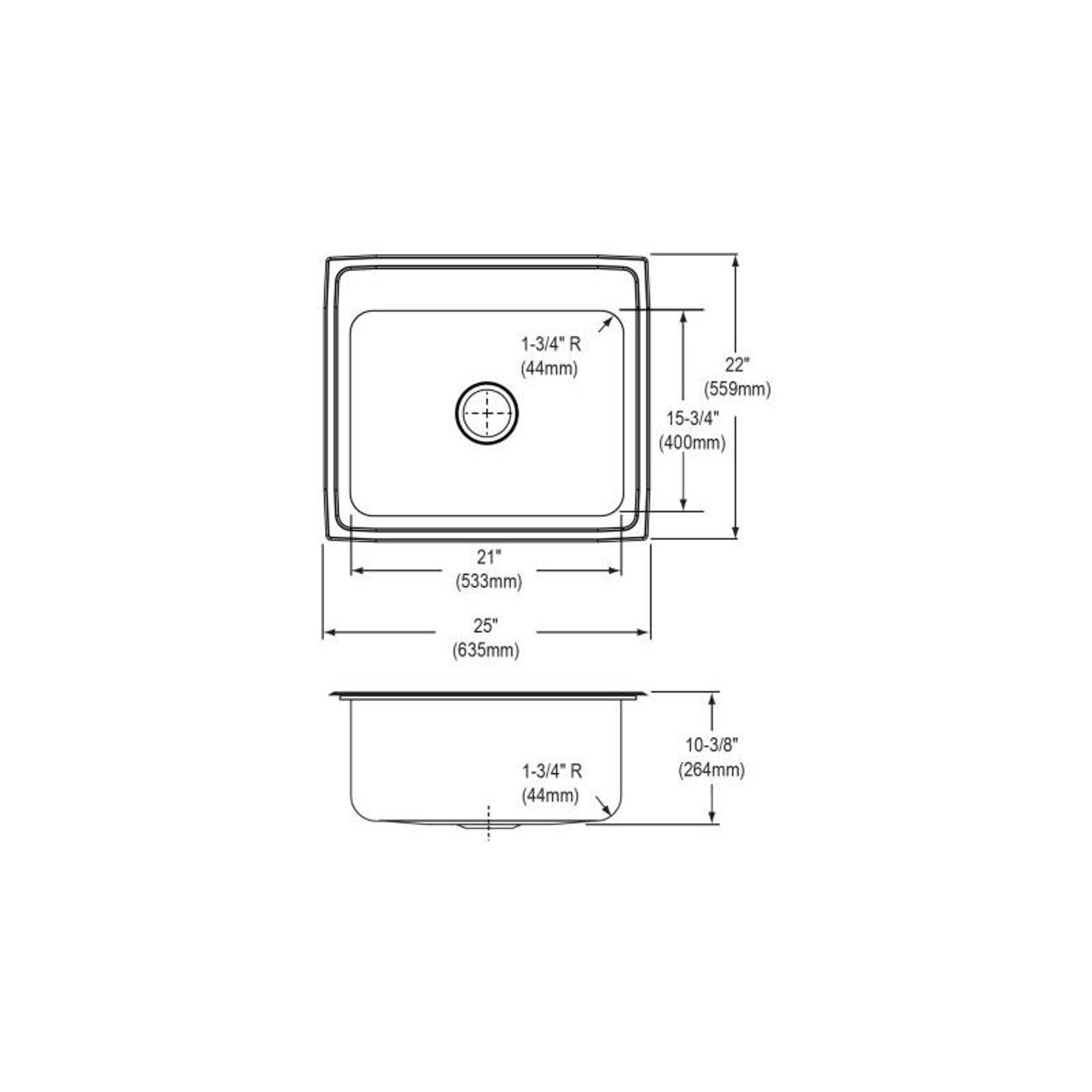 25" x 22" x 10-3/8" 18 Gauge Stainless Steel Single Bowl Drop-in Kitchen Sink with 2 Faucet Holes in Lustrous Satin