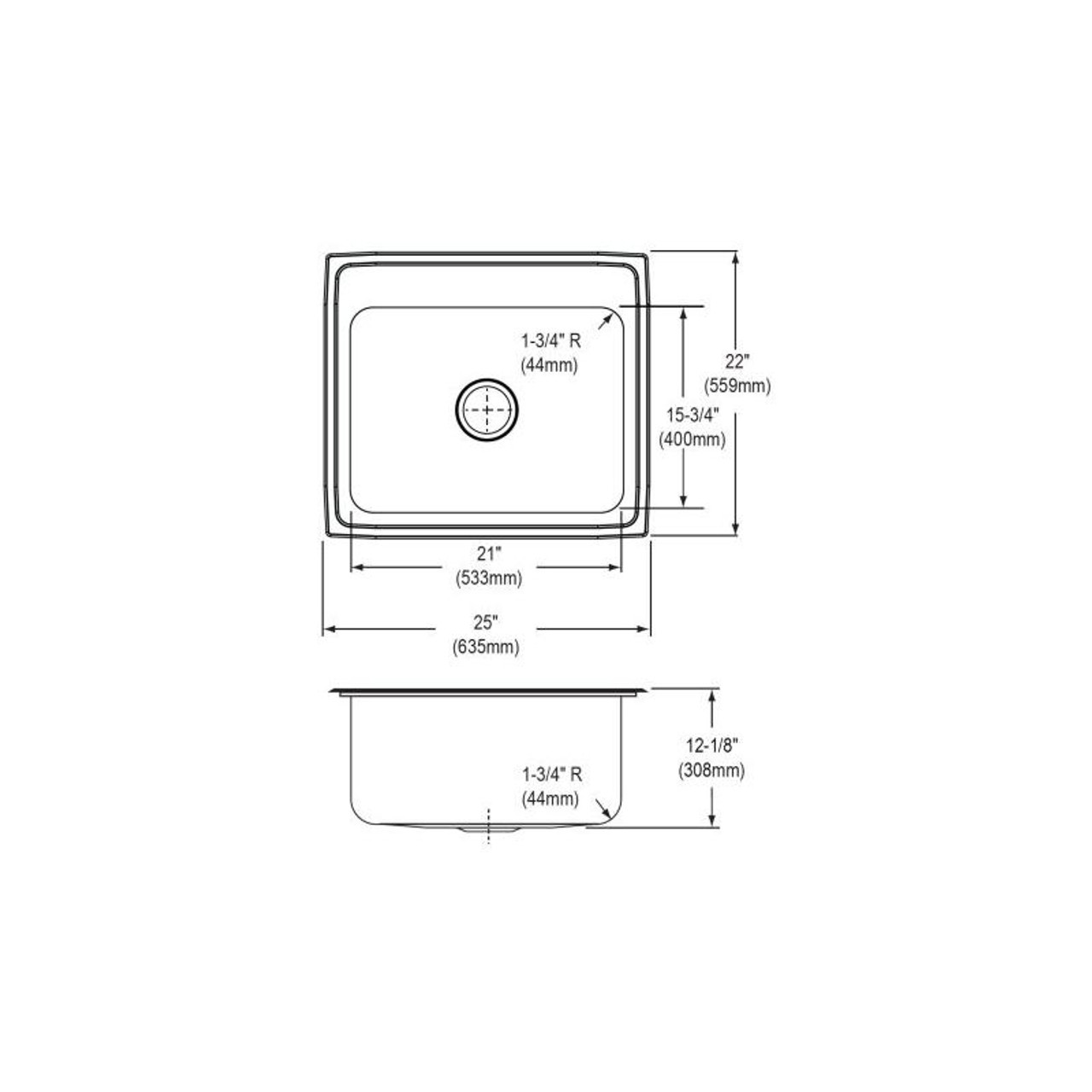 25" x 22" x 12-1/8" 18 Gauge Stainless Steel Single Bowl Drop-in Kitchen Sink with 2 Faucet Holes in Lustrous Satin