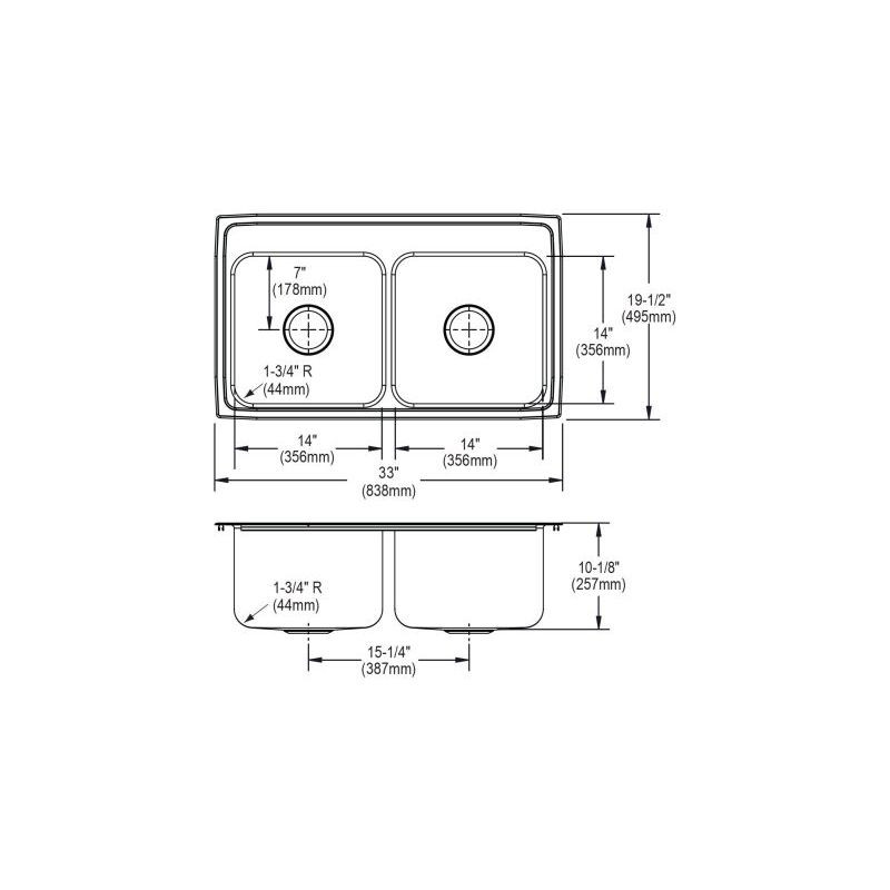 33" x 19-1/2" x 10-1/8" 18 Gauge Stainless Steel Equal Double Bowl Drop-in Kitchen Sink with 1 Faucet Hole in Lustrous Satin