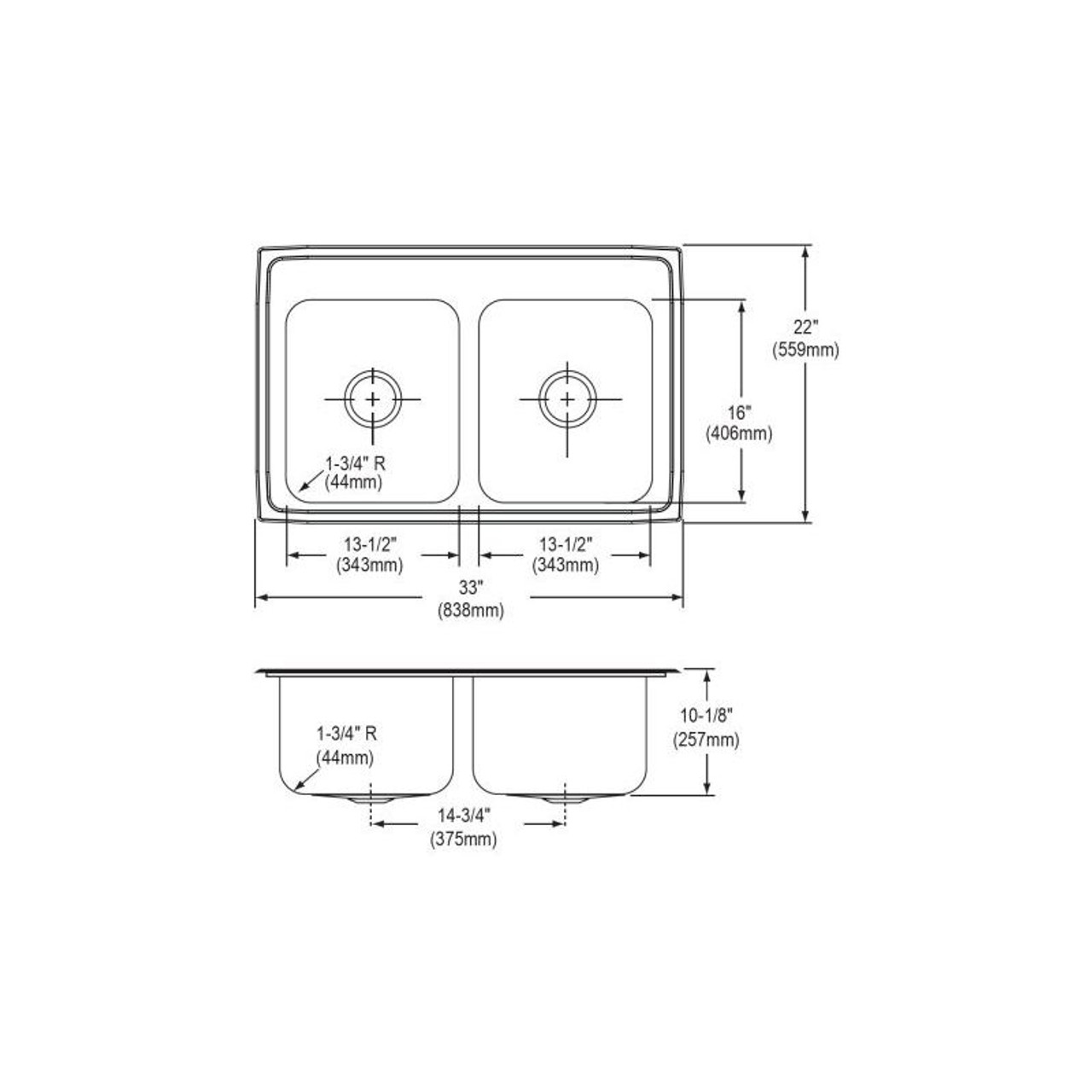 33" x 22" x 10-1/8" 18 Gauge Stainless Steel Equal Double Bowl Drop-in Kitchen Sink with 1 Faucet Hole in Lustrous Satin