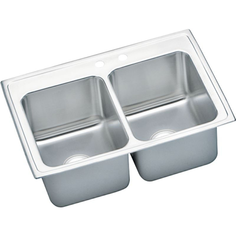 33" x 22" x 12-1/8" 18 Gauge Stainless Steel Equal Double Bowl Drop-in Kitchen Sink with Middle Right 2 Faucet Holes in Lustrous Satin