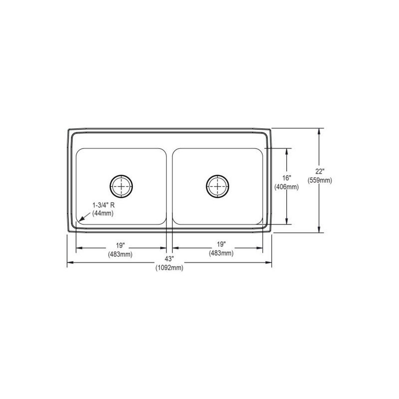 43" x 22" x 10-1/8" 18 Gauge Stainless Steel Equal Double Bowl Drop-in Kitchen Sink with 2 Faucet Holes in Lustrous Satin
