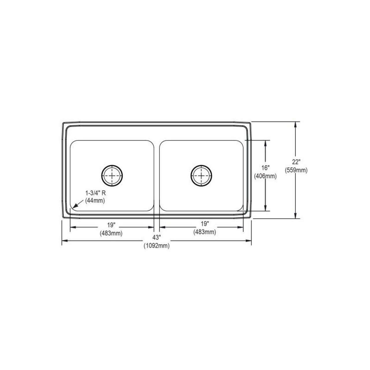 43" x 22" x 12-1/8" 18 Gauge Stainless Steel Equal Double Bowl Drop-in Kitchen Sink with 4 Faucet Holes in Lustrous Satin