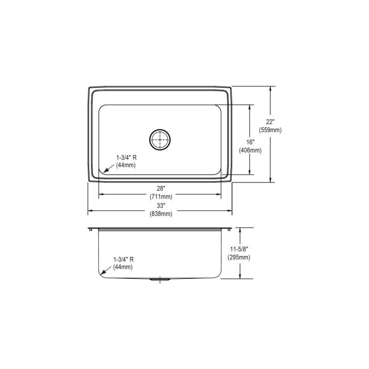 33" x 22" x 11-5/8" 18 Gauge Stainless Steel Single Bowl Drop-in Kitchen Sink with 1 Faucet Hole in Lustrous Satin