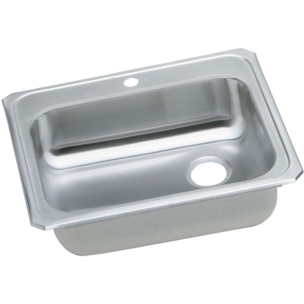 25" x 21-1/4" x 5-3/8" 20 Gauge Stainless Steel Single Bowl Drop-in Sink with Rear Right Drain and 1 Faucet Hole in Brushed Satin
