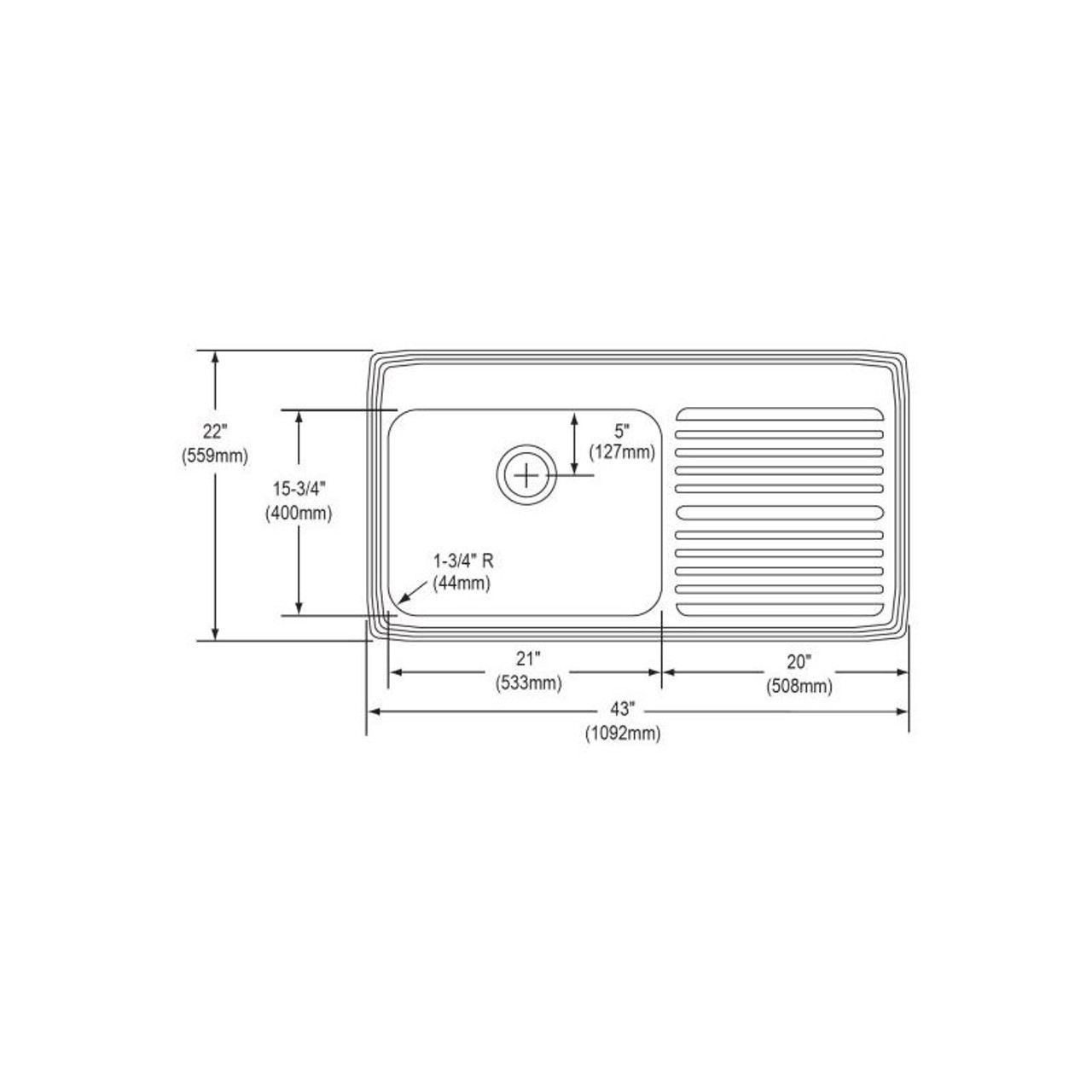 43" x 22" x 10" 18 Gauge Stainless Steel Single Bowl Drop-in Sink with Left Drainboard and 4 Faucet Holes in Lustrous Satin
