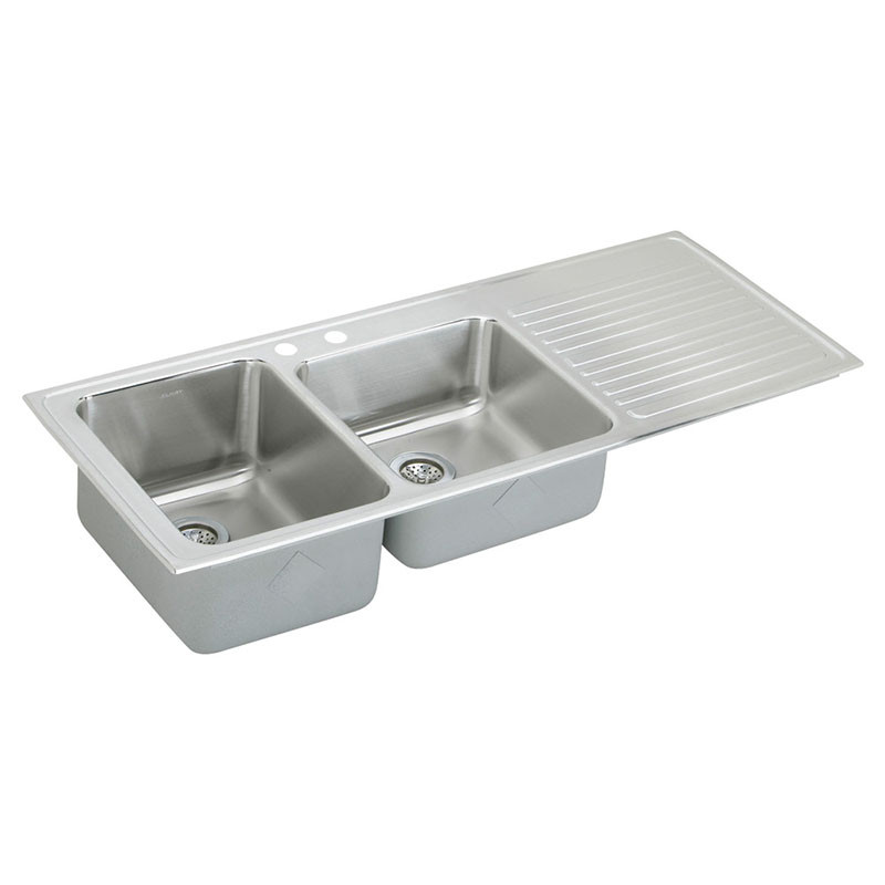 54" x 22" x 10" 18 Gauge Stainless Steel Offset Double Bowl Drop-in Sink with Left Drainboard and 2 Faucet Holes in Lustrous Satin