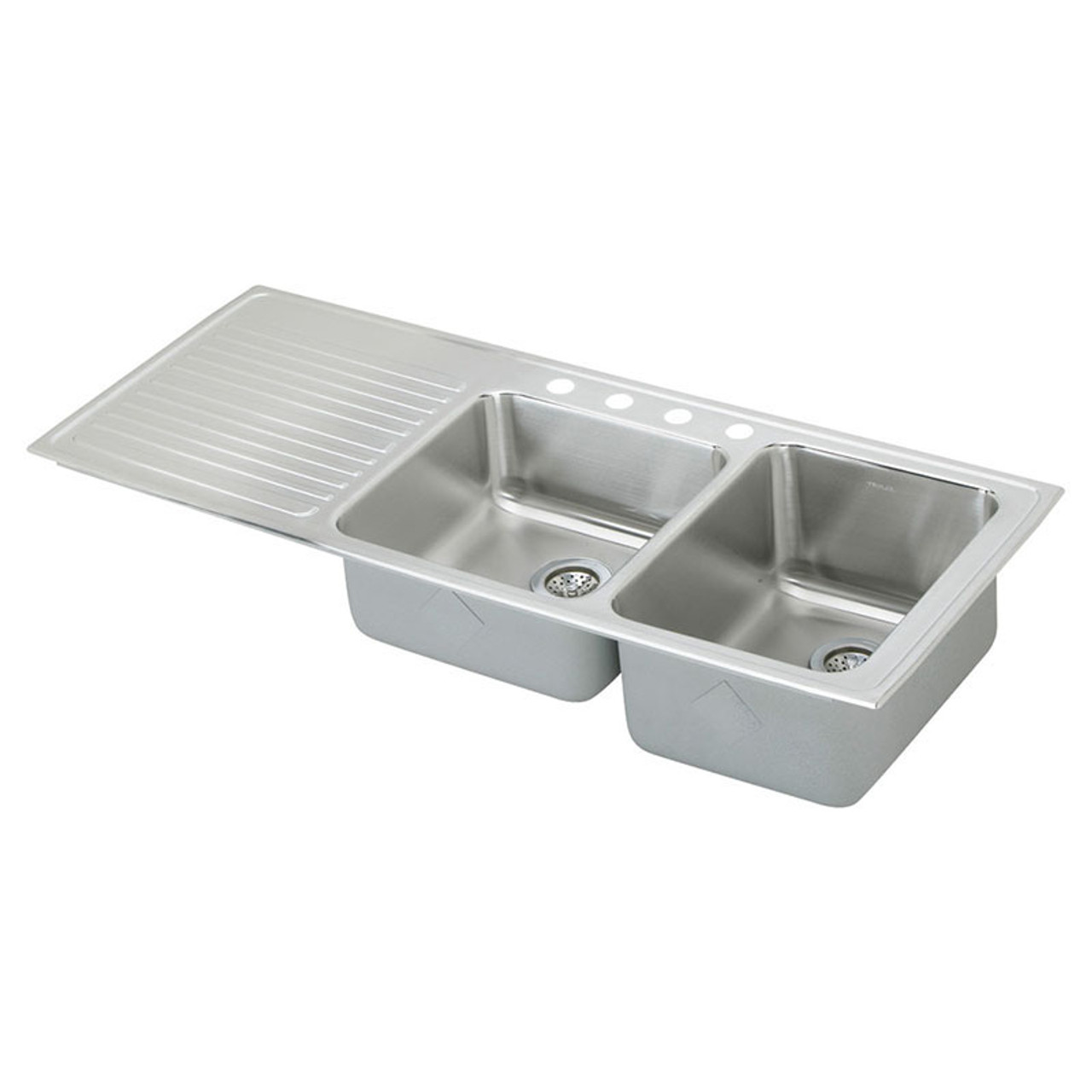 54" x 22" x 10" 18 Gauge Stainless Steel Offset Double Bowl Drop-in Sink with Right Drainboard and 4 Faucet Holes in Lustrous Satin
