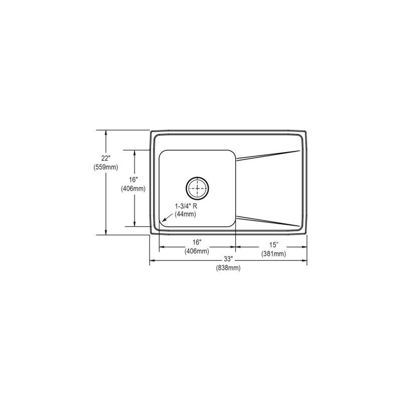 33" x 22" x 7-5/8" 18 Gauge Stainless Steel Single Bowl Drop-in Sink with Left Drainboard and 2 Faucet Holes in Lustrous Satin