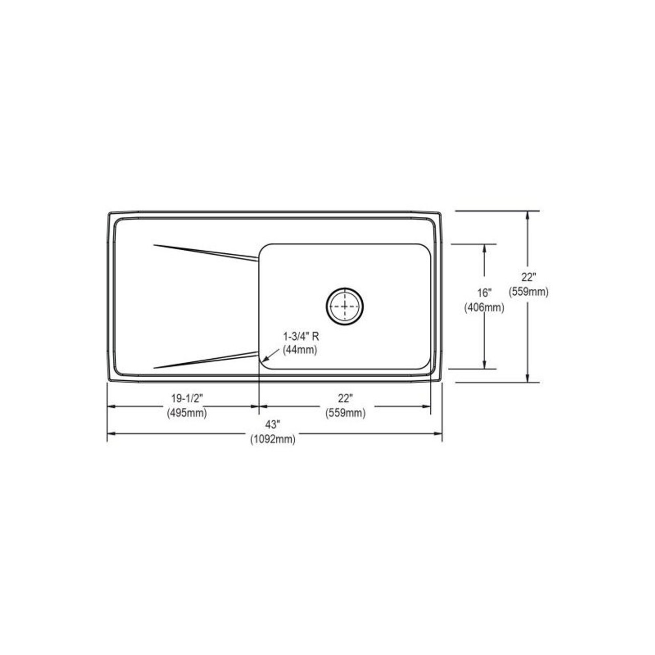 43" x 22" x 7-5/8" 18 Gauge Stainless Steel Single Bowl Drop-in Sink with Right Drainboard and 1 Faucet Hole in Lustrous Satin
